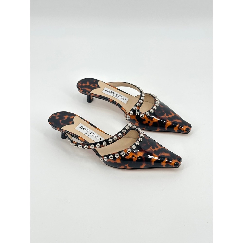 Jimmy Choo Ros 35 Tortoise Shell Patent Leather Studded Mules 36 / 6 Kitten Heel - Picture 1 of 9
